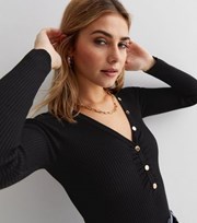 New Look Black Ribbed Knit Long Sleeve Popper Front Ruched Jumper